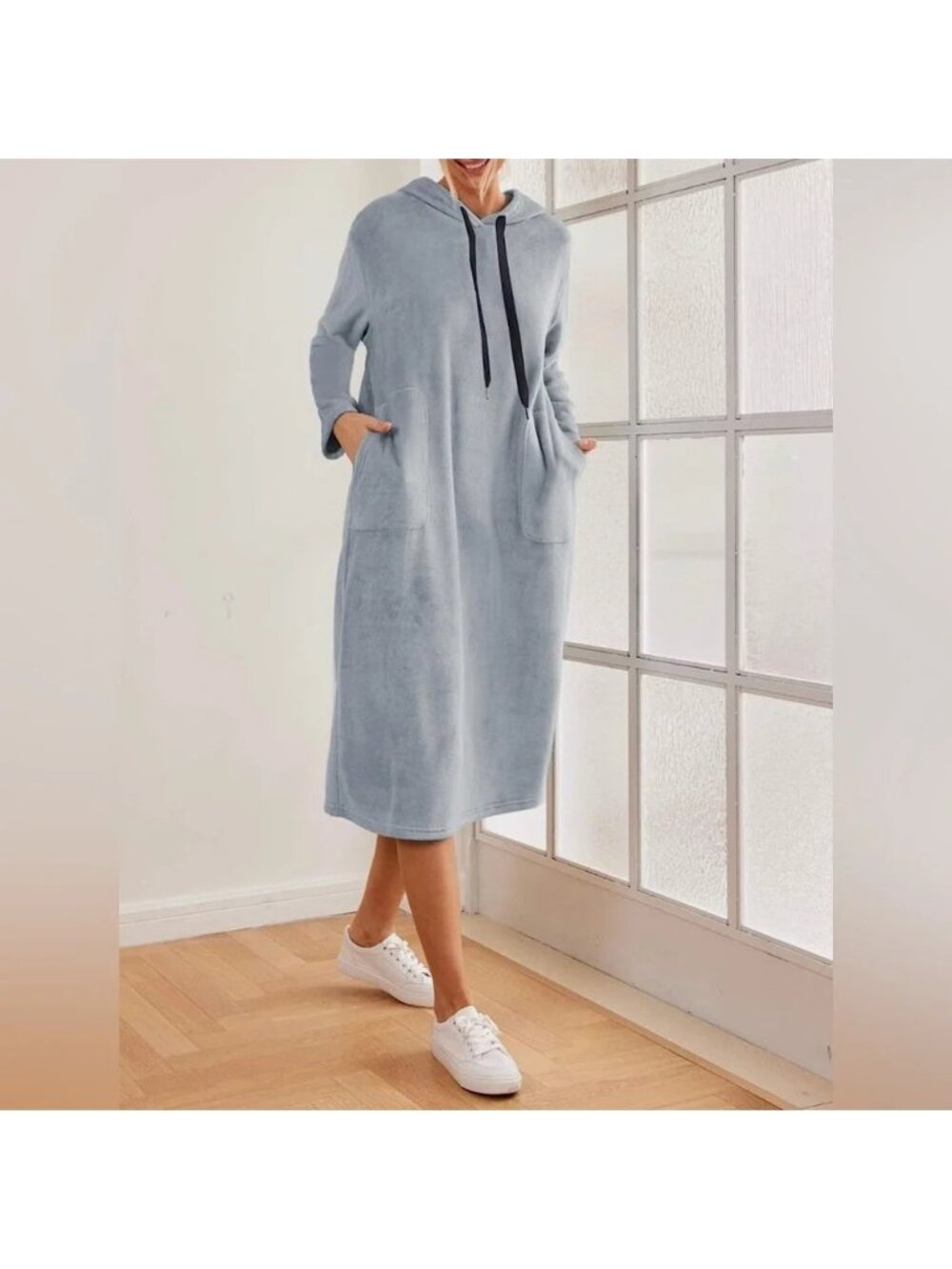NEW Ekouaer Grey Fuzzy Hooded Nightgown - Large